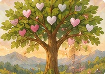 Illustration of a tree decorated with hearts