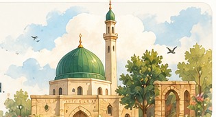 Warm illustrated mosque surrounded by trees